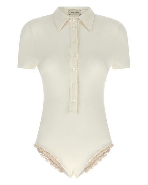 Magda Butrym White 01' Viscose Polo-Style Bodysuit With Handmade Crochet Lace