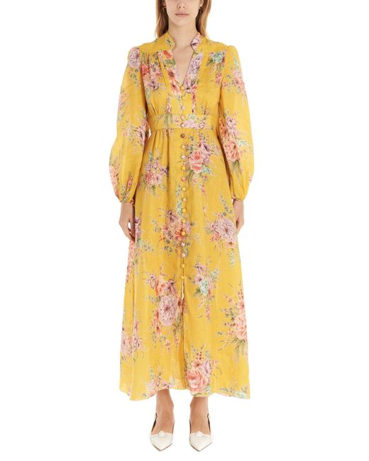 Zimmermann Zinnia Floral-print Linen Midi Dress in Yellow Print (Yellow ...