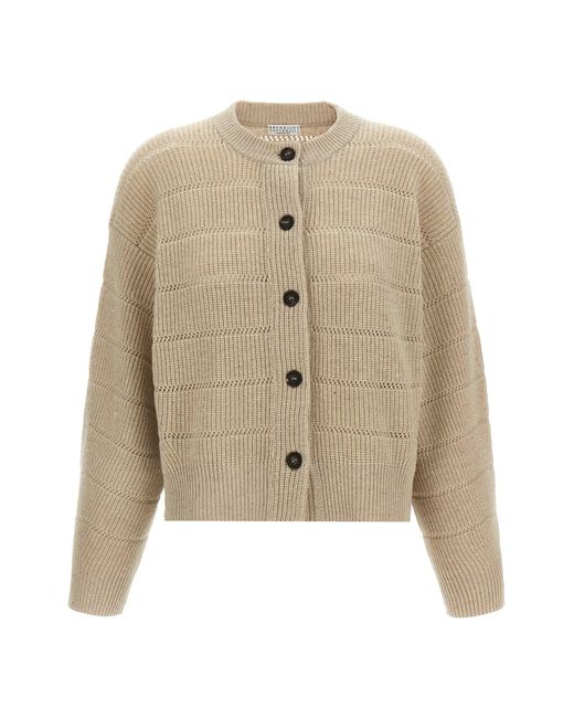 Brunello Cucinelli Natural Cardigan "Rustic Dazzling Net"