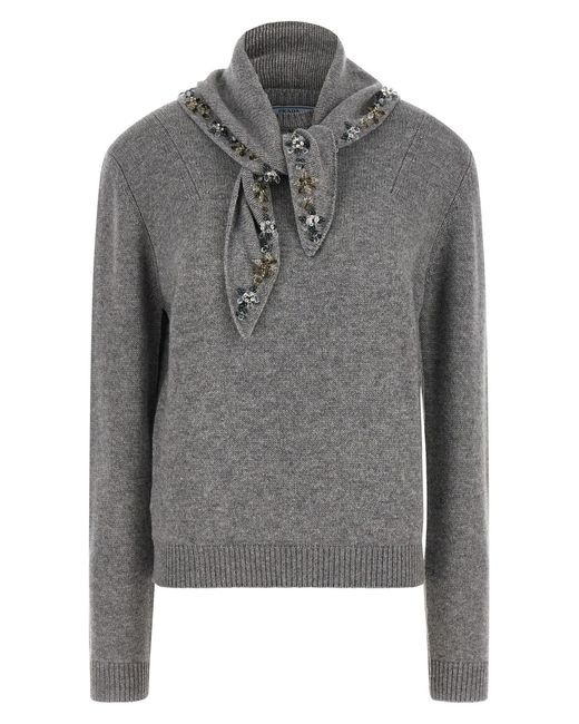 Prada Gray Jewel Bandana Sweater