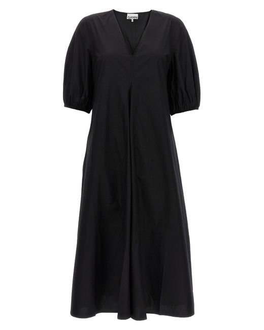 Ganni Black Cotton Midi Dress Dresses