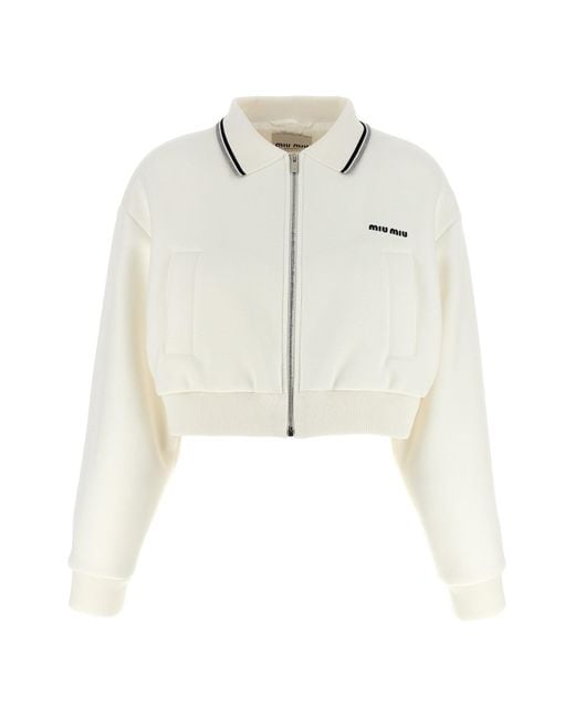 Miu Miu White Kurze Bomberjacke Aus Piquet