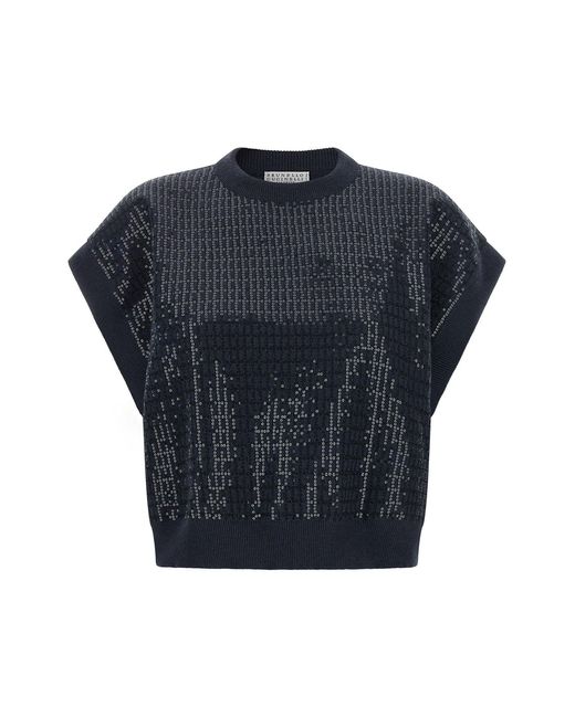 Brunello Cucinelli Blue Sequin Embroidered Sweater