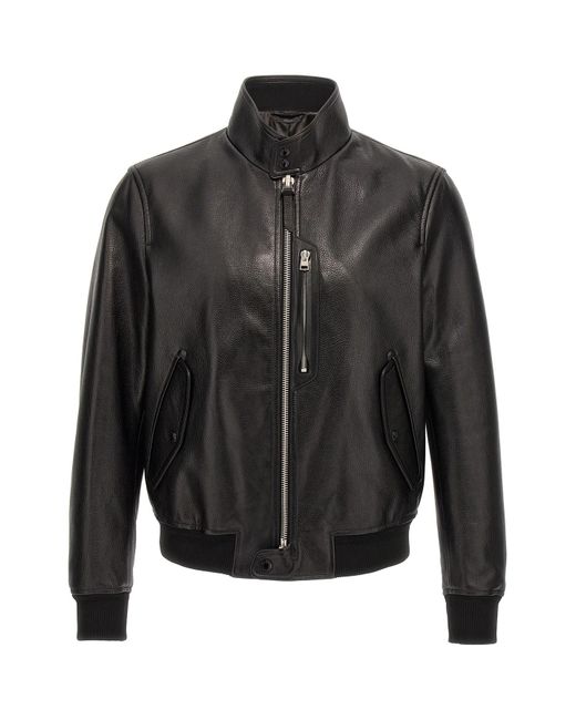Tom Ford Black Grainy Leather Bomber Jacket for men