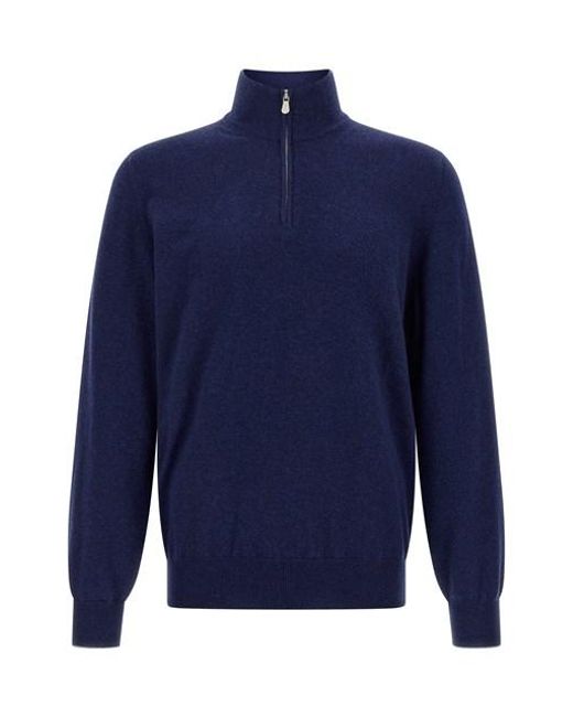 Brunello Cucinelli Blue Half-Zip Sweater for men