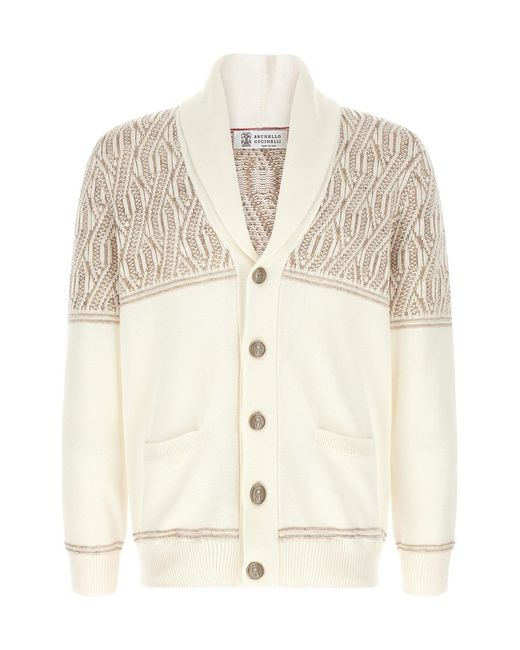 Brunello Cucinelli Natural Braided Jacquard Shoulders Cardigan for men