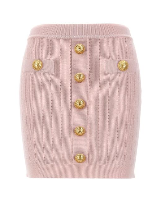 Balmain Pink Logo Button Skirt