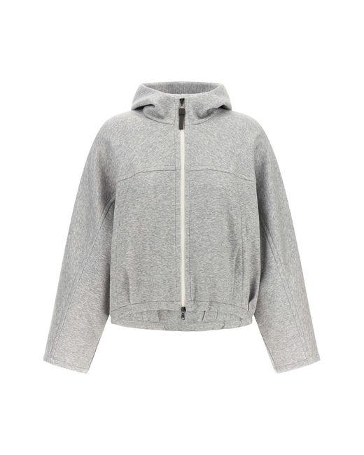 Brunello Cucinelli Gray 'shiny Zipper Pull' Cropped Hoodie