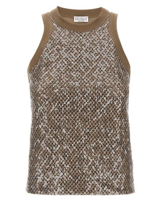 Top Dazzling Net Embroidery di Brunello Cucinelli in Brown