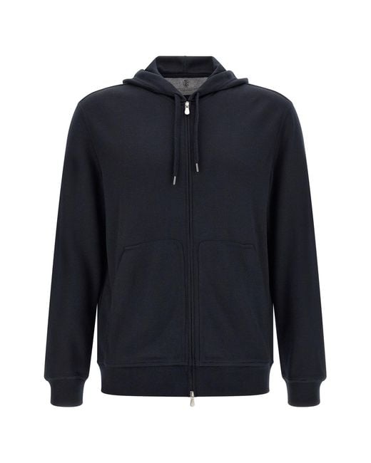 Brunello Cucinelli Blue Cashmere And Silk Hoodie for men