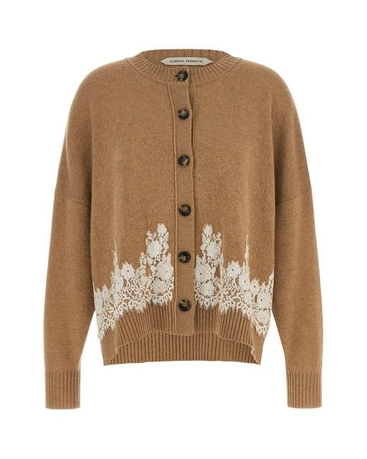 Alberta Ferretti Brown Lace Insert Cardigan