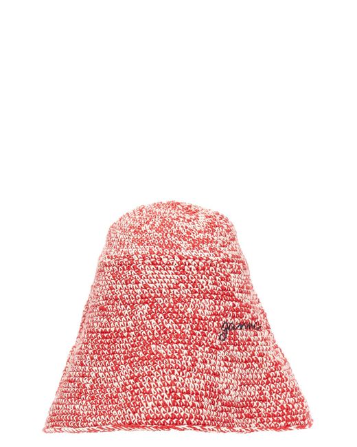 Ganni Red Bucket Hat Crochet Logo Embroidery Hats
