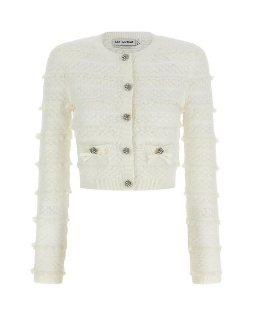 Self-Portrait White 'pointelle Diamante' Cardigan