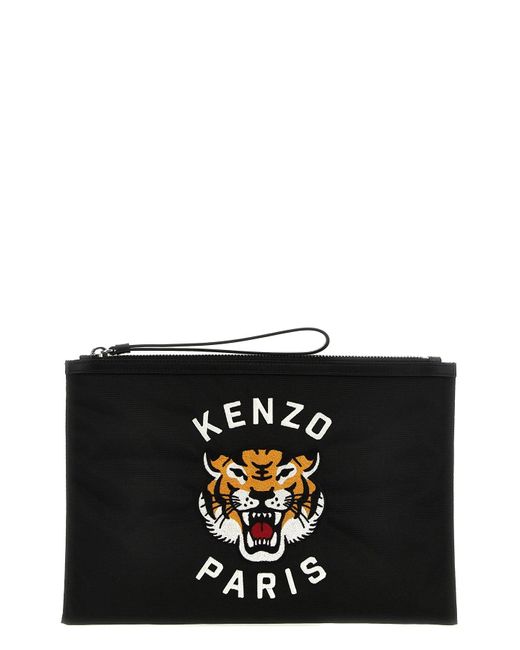 KENZO Black Logo Embroidery Clutch Bag for men