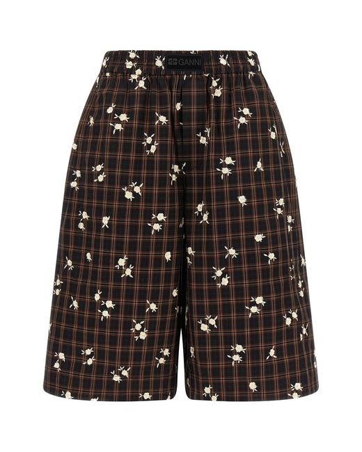 Ganni Black 'check Flower' Bermuda Shorts