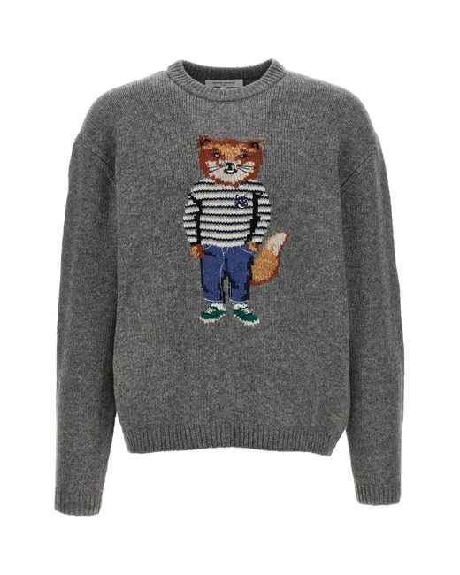 Maison Kitsuné Gray 'fox Intarsia' Sweater for men