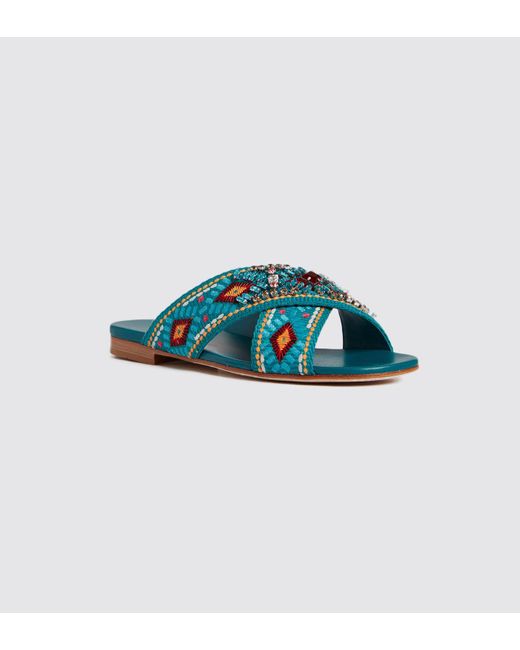 Prada Embroidered Jewel Crisscross Slide Sandal in Blue | Lyst