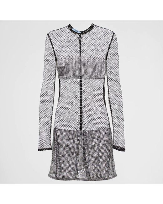 Prada Rhinestone Mesh Mini Dress in Gray | Lyst