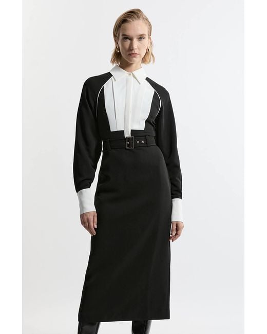 Karen Millen Black Petite Twill Contrast Collar Woven Maxi Dress