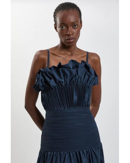 Karen Millen Blue Taffeta Ruffle Detail Midi Dress