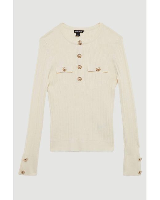 Karen Millen Natural Forever Military Trim Rib Long Sleeve Knit Top