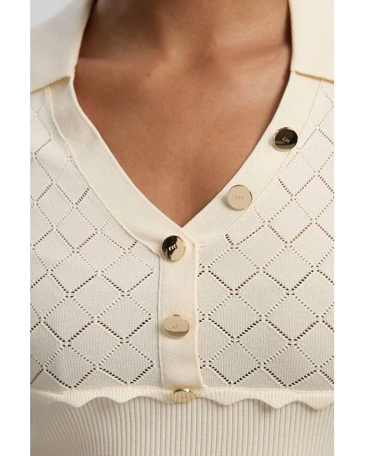Karen Millen Natural Petite Knit Stitch Detail Rib Collared Short Sleeve Top