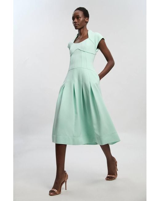 Karen Millen Green Compact Stretch Dropped Waist Full Skirted Midi Dress