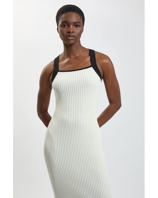 Karen Millen White Block Colour Racked Rib Knitted Sleeveless Midi Dress