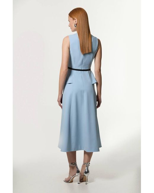 Karen Millen Blue Petite Compact Stretch Belted Peplum Detail Full Skirted Midi Dress