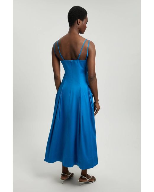 Karen Millen Blue Cotton Sateen V Neck Maxi Dress