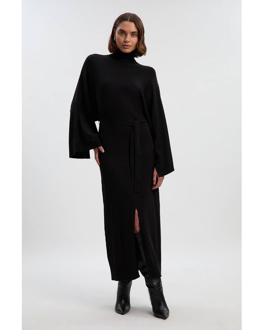 Karen Millen Black Viscose Blend Funnel Neck Belted Knitted Midi Dress