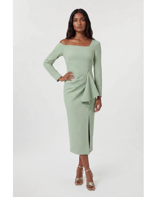 Karen Millen Green Compact Stretch Asymmetric Neckline Draped Midi Dress