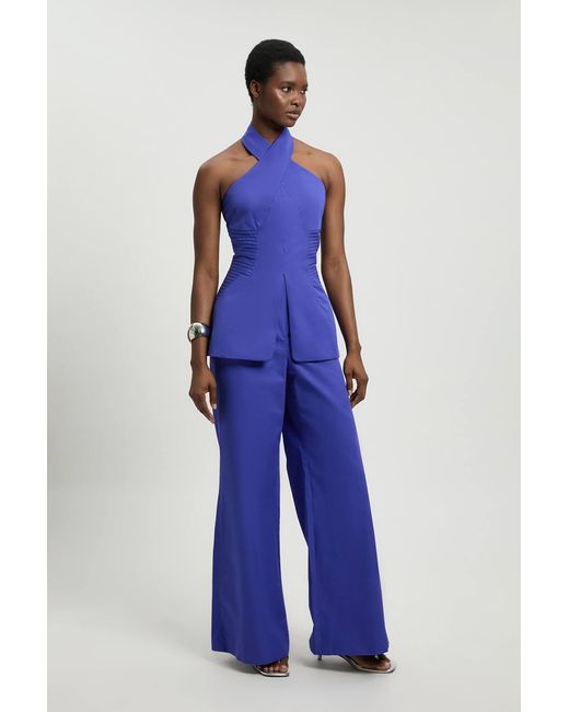 Karen Millen Blue Petite Tailored Cotton Sateen Halter Jumpsuit