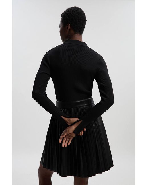Karen Millen Black Knitted Zip Neck Pu Mix Pleated Mini Dress