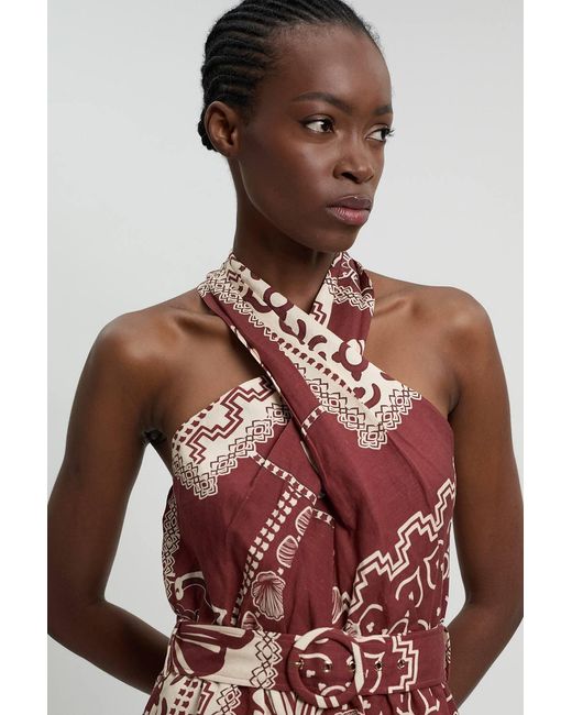 Karen Millen Brown Linen Viscose Tile Print Belted Woven Jumpsuit