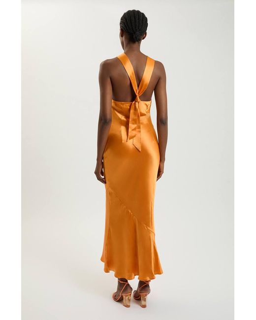 Karen Millen Orange Viscose Satin Halter Neck Maxi Dress
