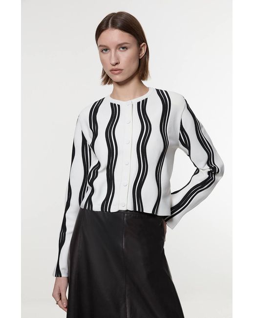Karen Millen Black Contrast Wave Knit Jacket With Fringing