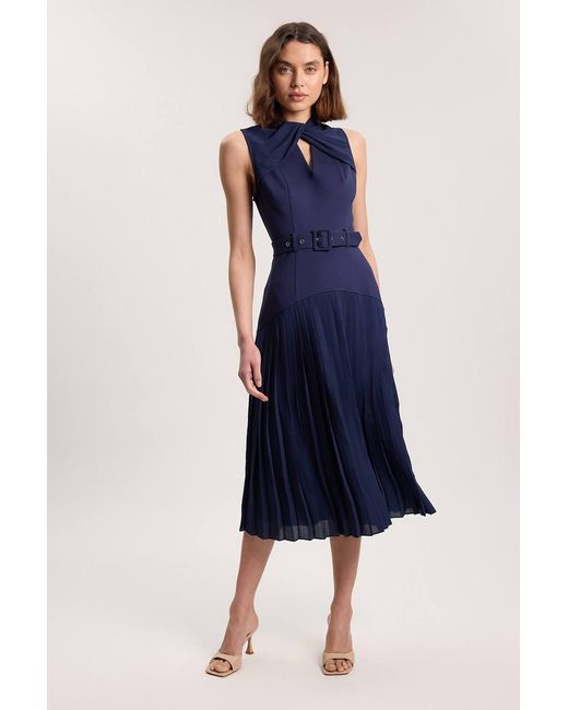 Karen Millen Blue Ponte And Textured Georgette Button Mix Cut Out Detail Pleated Maxi Dress