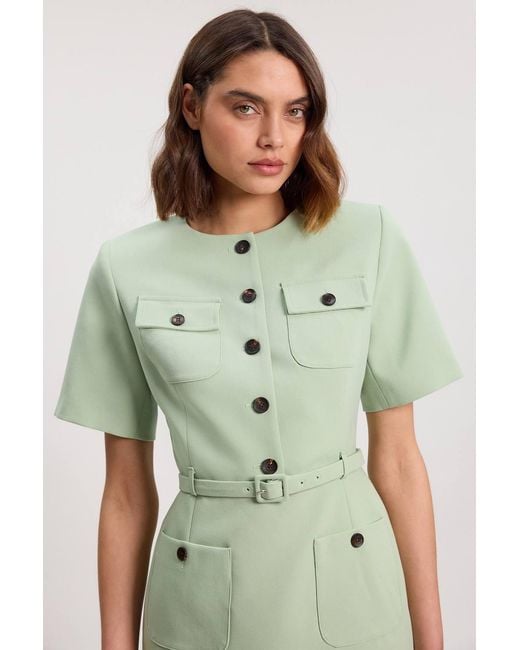 Karen Millen Green Compact Stretch Button Detail Mini Dress