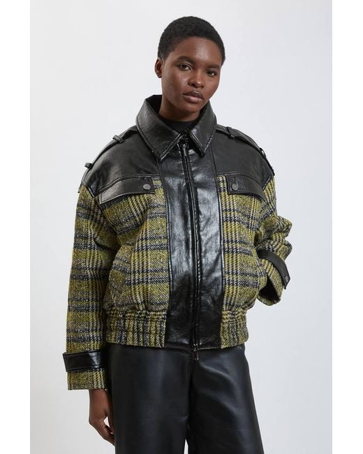 Karen Millen Black Wool Tweed And Faux Leather Mix Short Coat