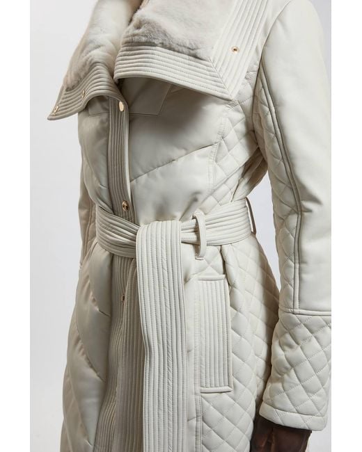 Karen Millen Natural Padded Faux Leather & Faux Fur Mix Midi Coat