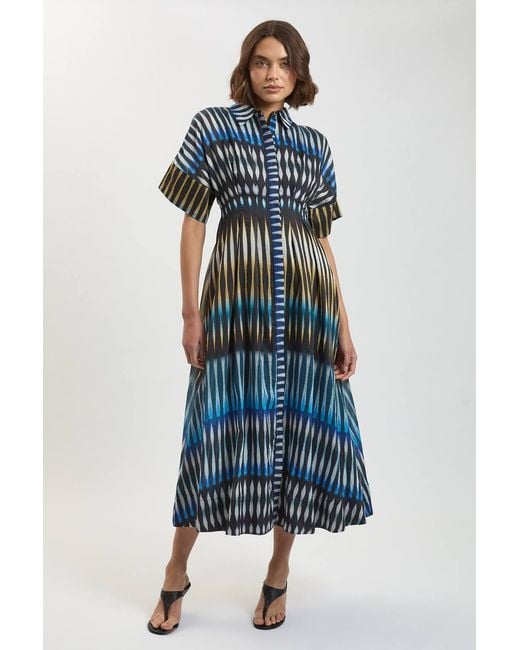 Karen Millen Blue Stripe Collared Woven Midi Dress