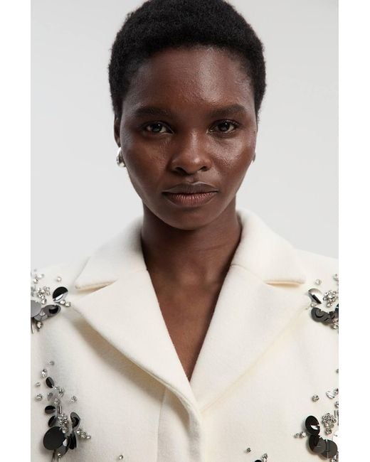 Karen Millen Natural Wool Embellished Single Breasted Tailored Coat