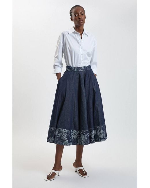 Karen Millen Blue Jacquard Denim Full Skirt