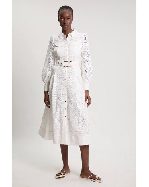 Karen Millen Natural Petite Cotton Cutwork Woven Shirt Midi Dress