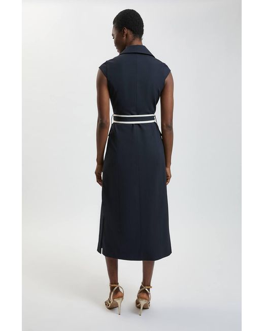 Karen Millen Blue Compact Stretch Double Breasted Belted Tipped Tailored Midi Dress