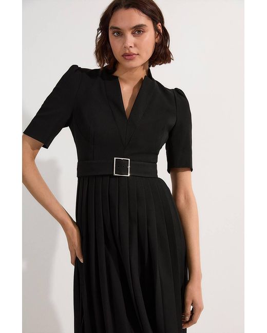 Karen Millen Black Petite Tailored Structured Crepe Forever Pleat Belted Midi Dress