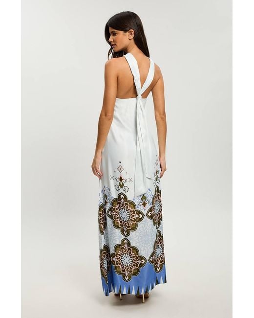 Karen Millen White Petite Tile Print Satin Viscose Halterneck Maxi Dress