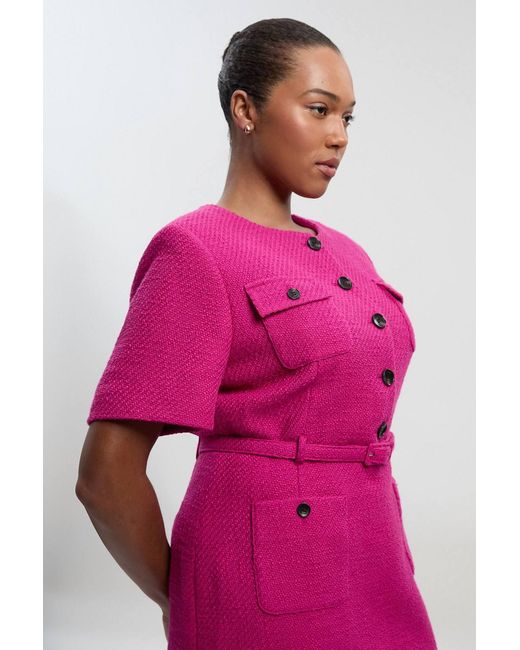 Karen Millen Pink Plus Size Textured Tweed Belted Tailored Mini Dress