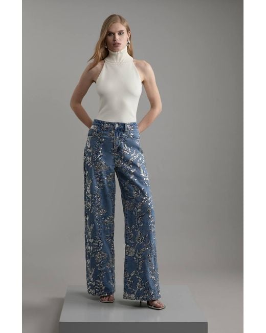 Karen Millen Gray Denim All Over Floral Sequin Wide Leg Trousers